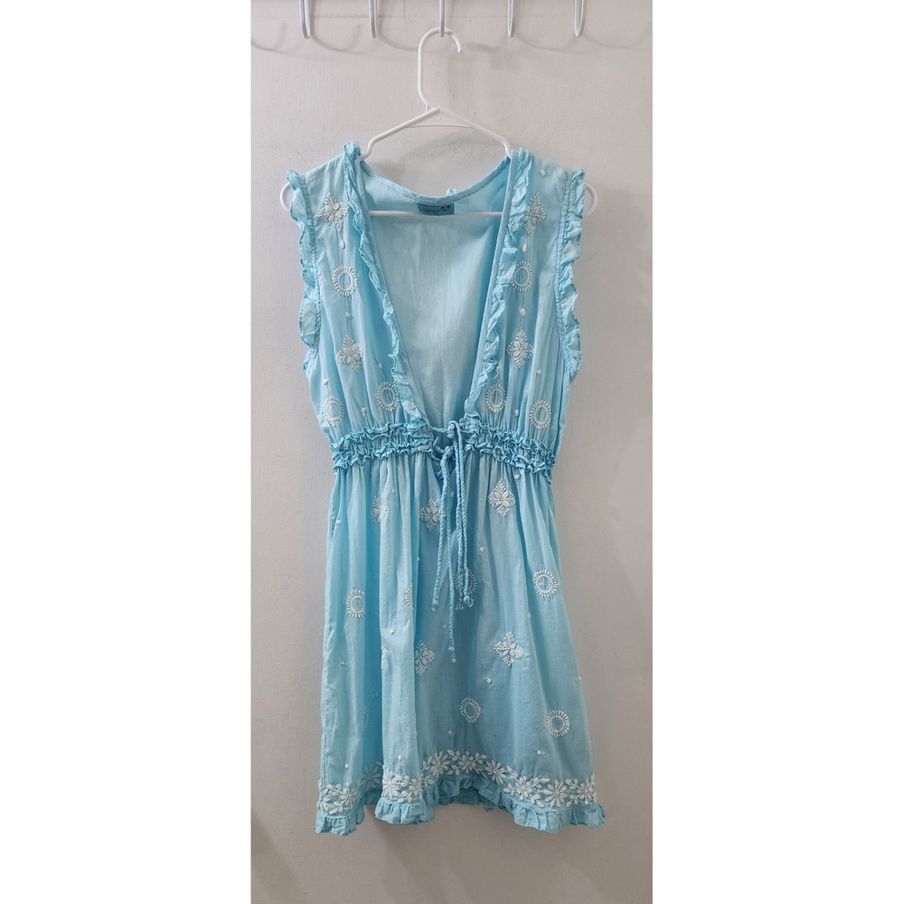 Letarte Handmade Blue Cotton Embroidered Ruffle V-Neck Cover Up Dress Large